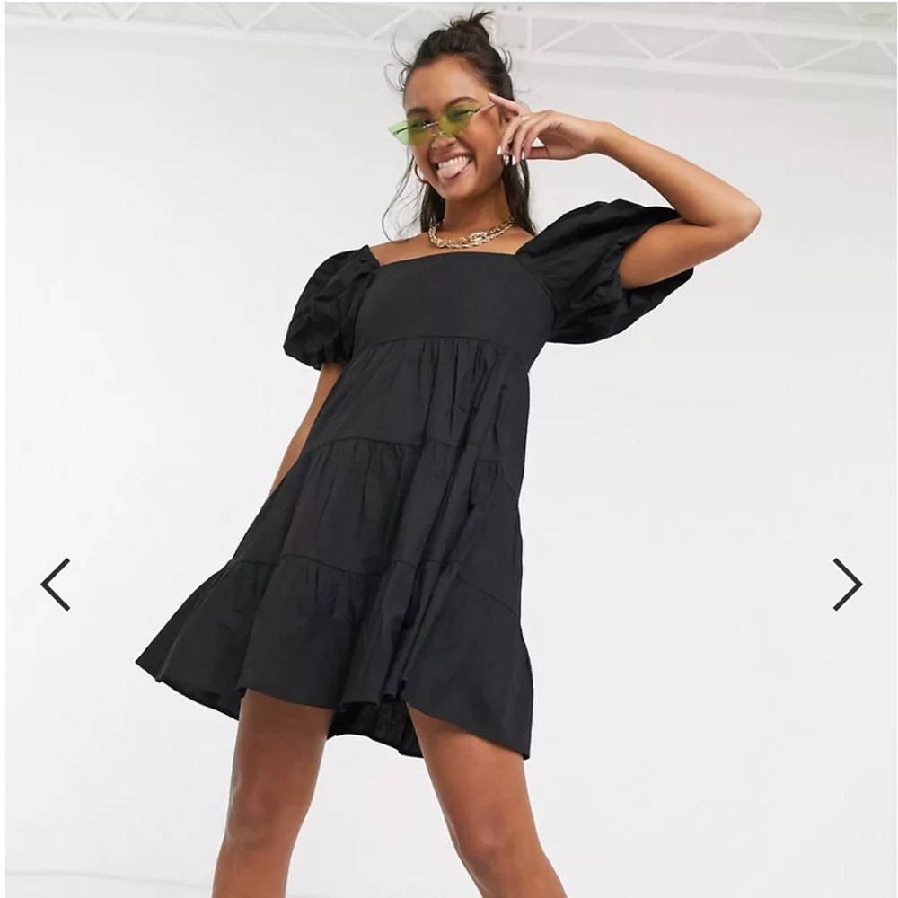 ASOS Black Puff Sleeve Tiered Dress